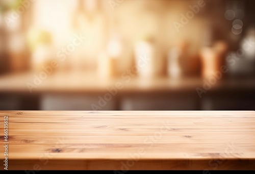 Wood table on kitchen background for product display or visual design