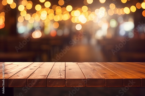 Wooden table in front of hazy restaurant lights