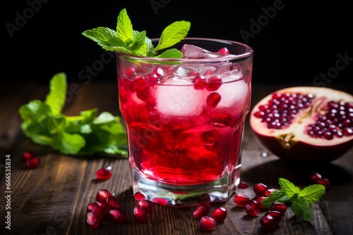 A close-up shot of a vibrant pomegranate and mint fizz drink on a rustic backdrop