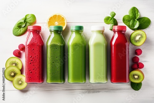 Top view of fresh green and red Smoothie bottles on white wooden background promoting superfoods and a healthy detox diet