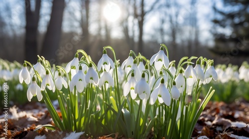 A field of delicate white snowdrops, their drooping blossoms displaying intricate patterns. The snowdrops emerge from a bed of lush green foliage.