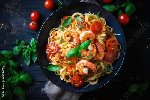 Top view of fettuccine pasta with shrimp tomatoes and herbs