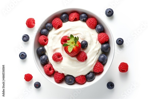 Top view of Greek yogurt and fresh berries on a white background