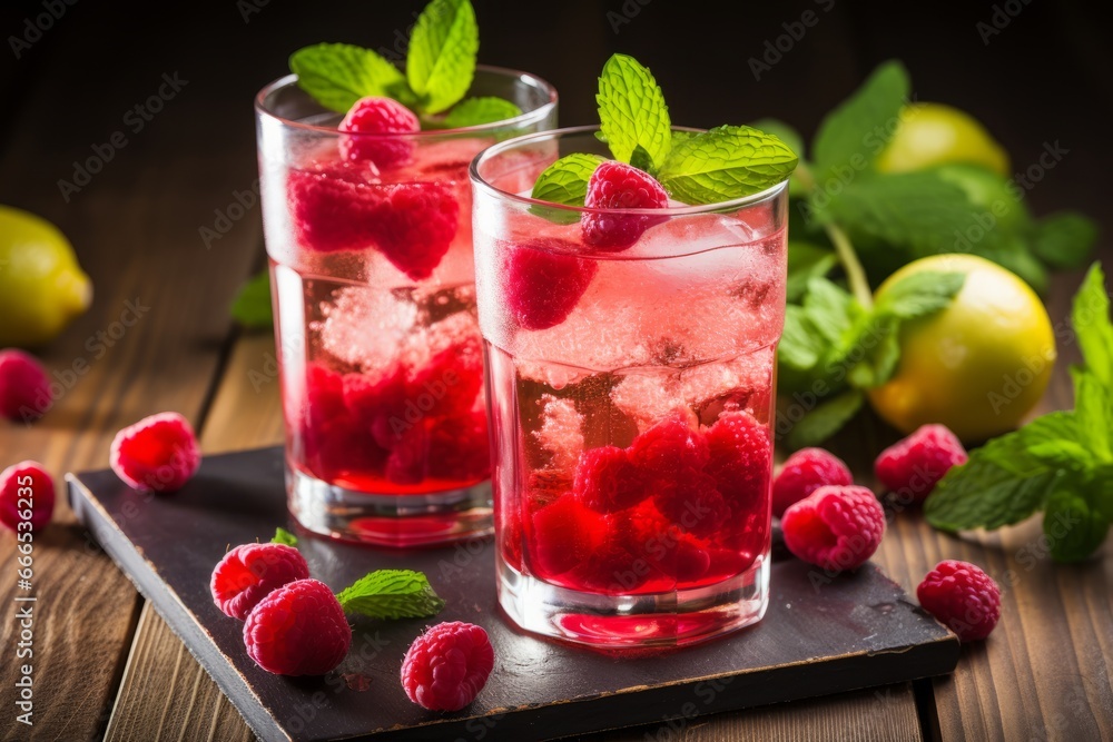 A tantalizing apple and raspberry spritzer served chilled on a vintage wooden table A tantalizing apple and raspberry spritzer served chilled on a vintage wooden table