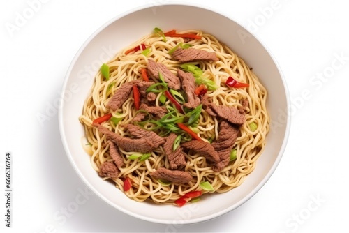 Top view of noodles meat and vegetables on white background