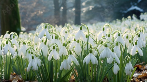 A field of delicate white snowdrops, their drooping blossoms displaying intricate patterns. The snowdrops emerge from a bed of lush green foliage.