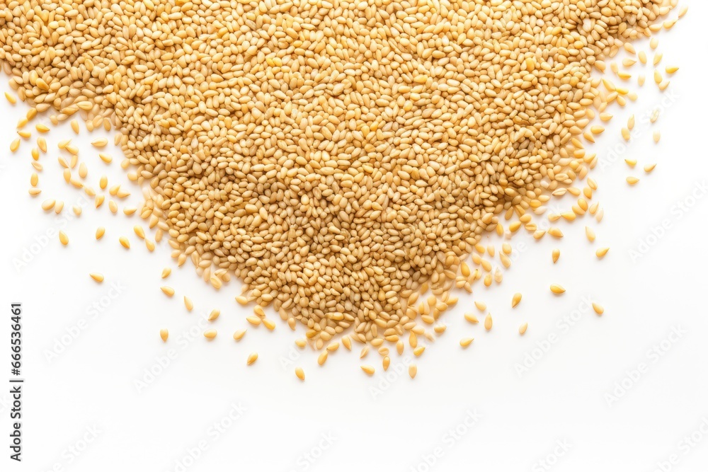 Top view of white background with isolated sesame seeds Top view of white background with isolated sesame seeds