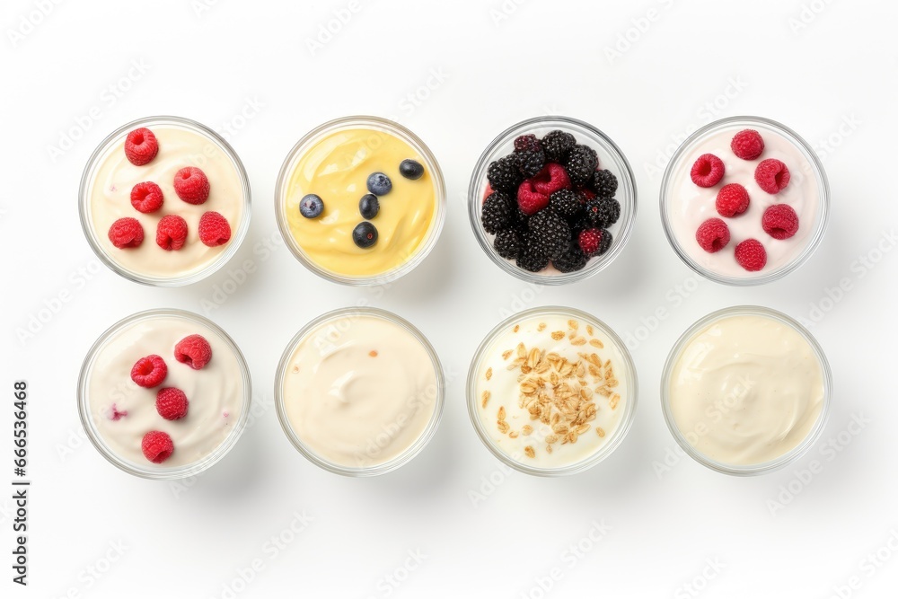 Top view of white background with tasty yogurt Top view of white background with tasty yogurt