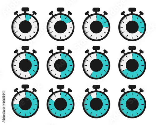 Stopwatches set. Online express delivery service, online order tracking. Timer, clock vector illustrations set