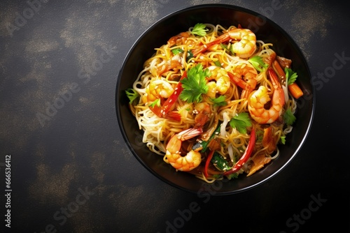 Top view of stir fried noodles with vegetables and shrimp in a black bowl on a slate background with space for copying