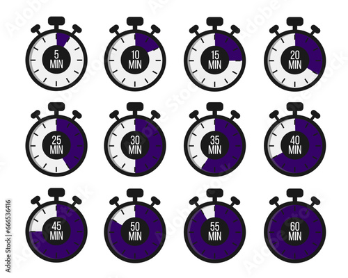 Stopwatches set. Online express delivery service, online order tracking. Timer, clock vector illustrations set