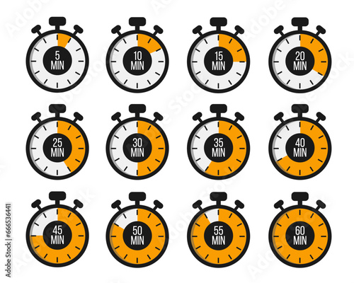 Stopwatches set. Online express delivery service, online order tracking. Timer, clock vector illustrations set