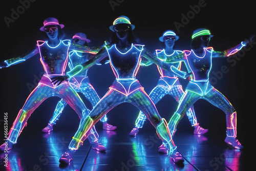 dancers in illuminated neon costumes. Generative Ai photo