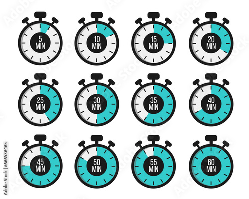 Stopwatches set. Online express delivery service, online order tracking. Timer, clock vector illustrations set