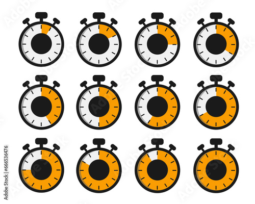 Stopwatches set. Online express delivery service, online order tracking. Timer, clock vector illustrations set