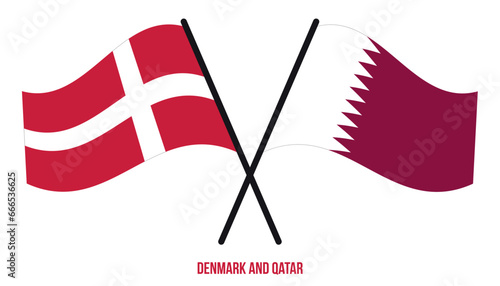 Denmark and Qatar Flags Crossed And Waving Flat Style. Official Proportion. Correct Colors.