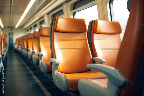 Comfortable seats in empty modern passenger chair transport. Edifice plane inside cozy. Generate Ai