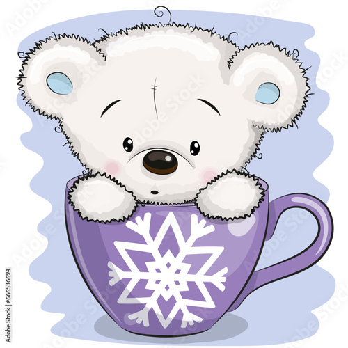 Cartoon White Teddy bear is sitting in a Cup with snowflake print