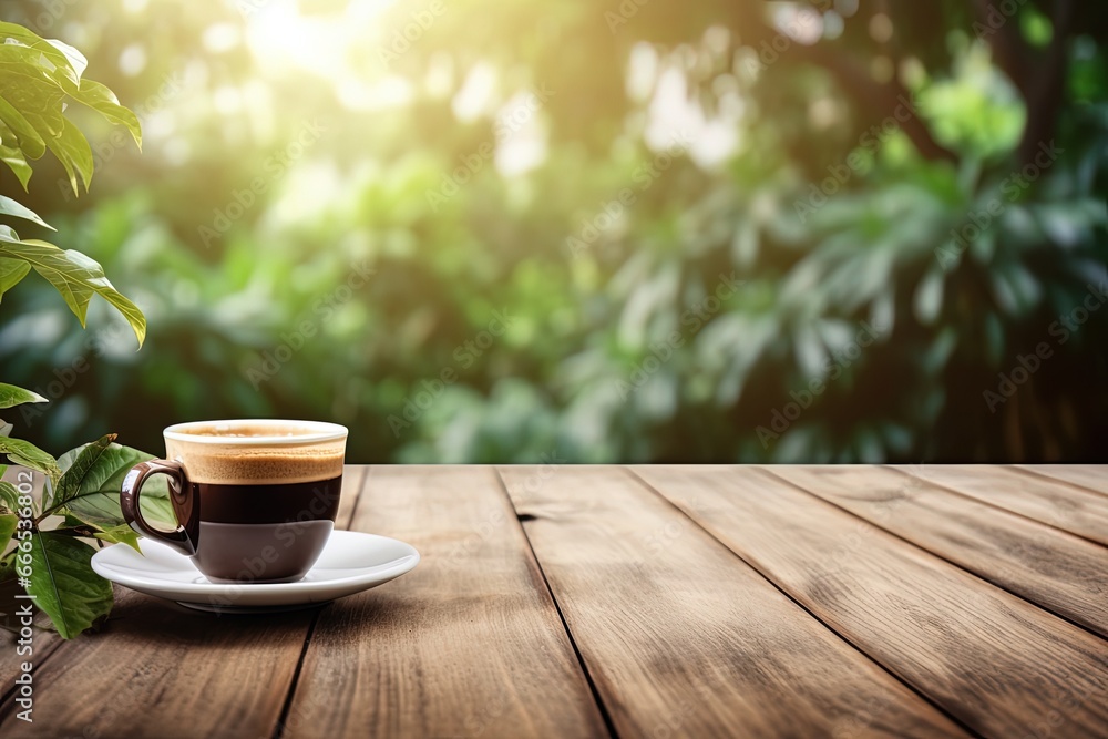 Warm tone espresso coffee on wooden table garden nature background Warm tone espresso coffee on wooden table garden nature background