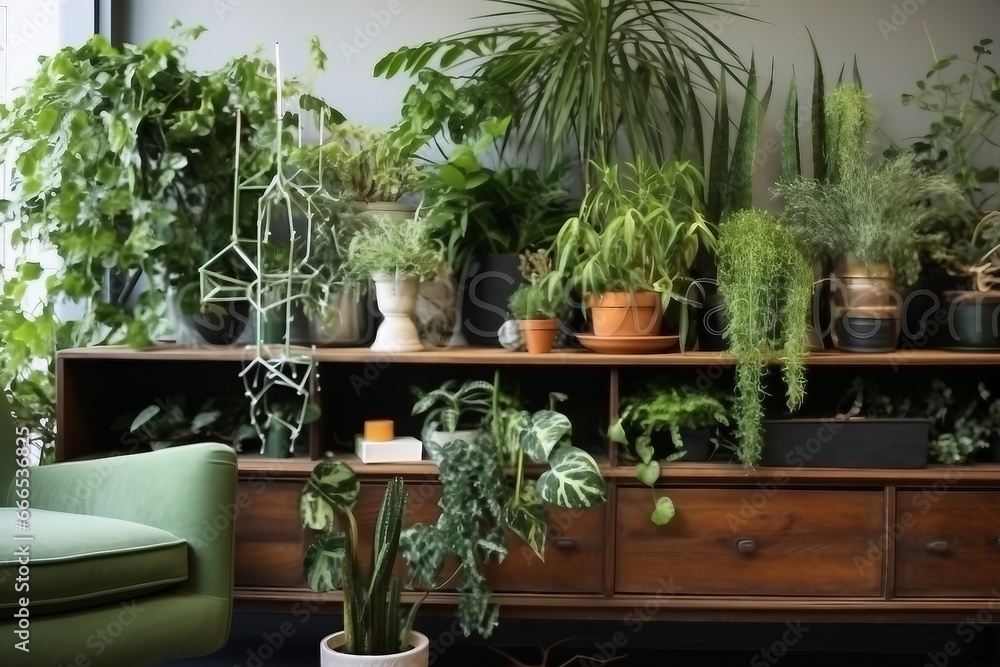 Different indoor plants in living room with decorations on the table Stylish composition of home garden green industrial interior. Urban jungle interior with houseplants. generative ai.