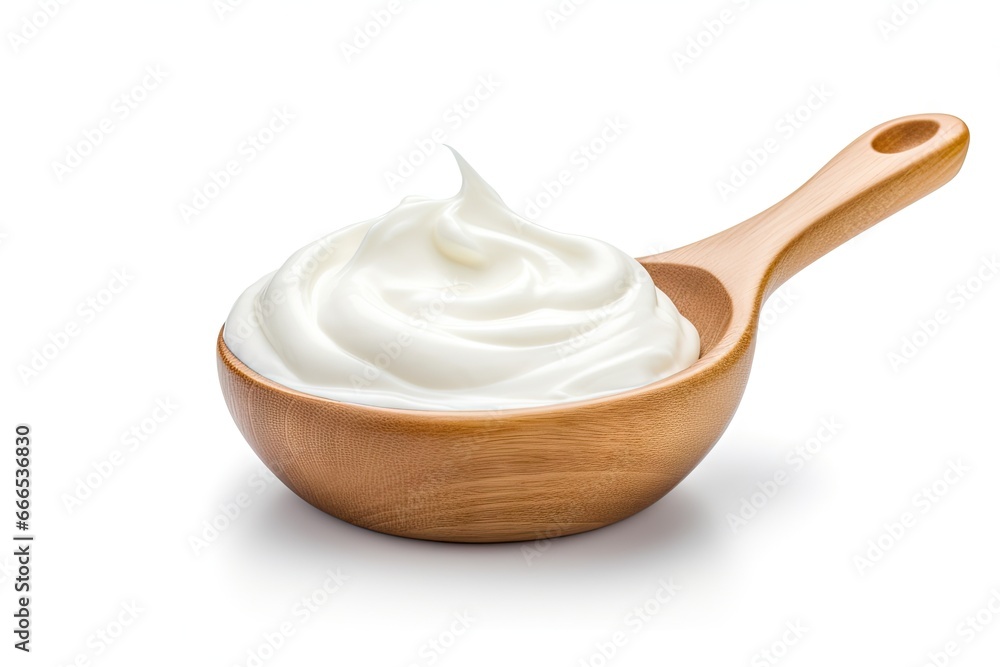 White background isolated objects sour cream mayonnaise yogurt in wooden spoon White background isolated objects sour cream mayonnaise yogurt in wooden spoon