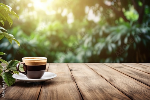 Warm tone espresso coffee on wooden table garden nature background