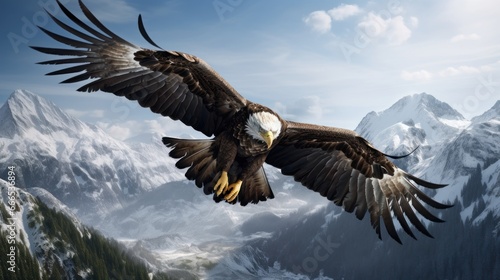 Eagle with spread wings flies in the mountains. High quality and very accurate details. © Marvin