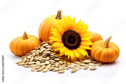 White background with pumpkin and sunflower seeds photo