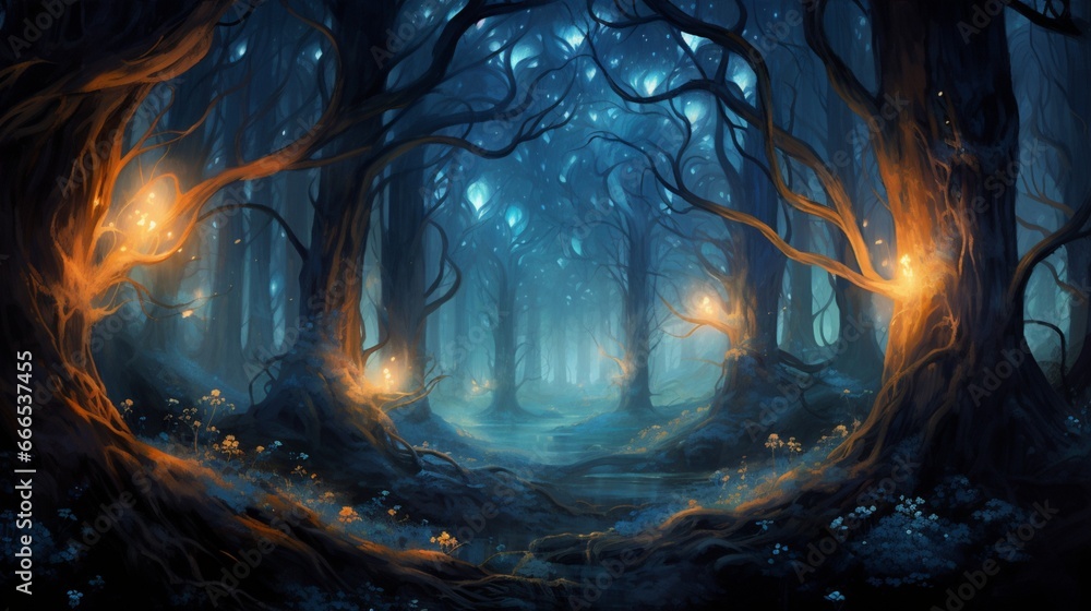 Obraz na płótnie A forest of bioluminescent trees, illuminating the night with an enchanting glow w salonie