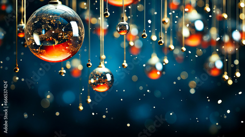 Christmas and New Year holidays background with golden and blue balls. Christmas tree decorations on a blue background. 3d rendering. Generative AI technology.