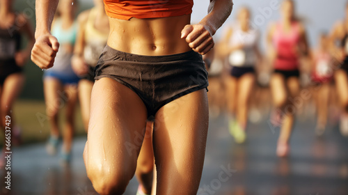 Photo of a female woman runner pushing through the final stretch towards the finish line  sweat dripping
