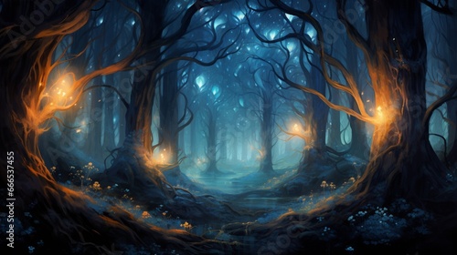 A forest of bioluminescent trees, illuminating the night with an enchanting glow photo