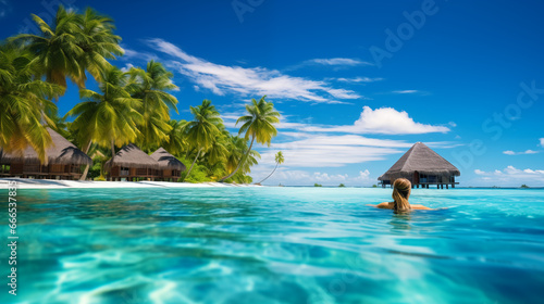 Tourist girl swimming in the clear sea at a resort against a background of palm trees and sand.