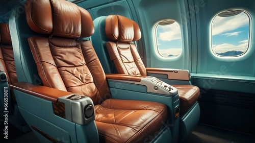 first class business airplane luxury seats for vacations travel banner © pickypix