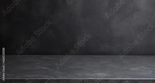 Empty table marble black counter top on black wall background