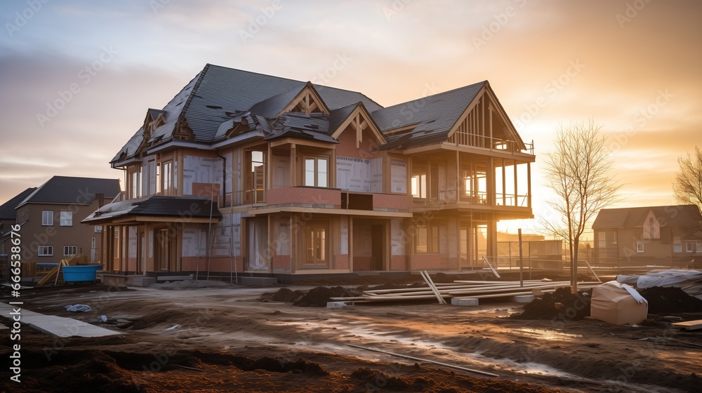 Construction of a residential new house is in progress at building site Construction of a residential new house is in progress at building site