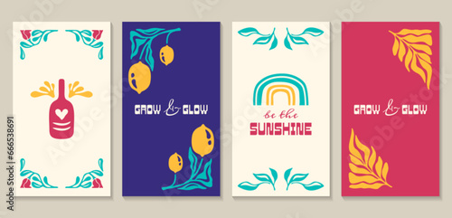 Abstract floral posters set with lemon fruit and leaves in matisse minimal style. Flowers and plants trendy vector illustration banners, wall arts. Modern naive groovy botanical prints and frames.