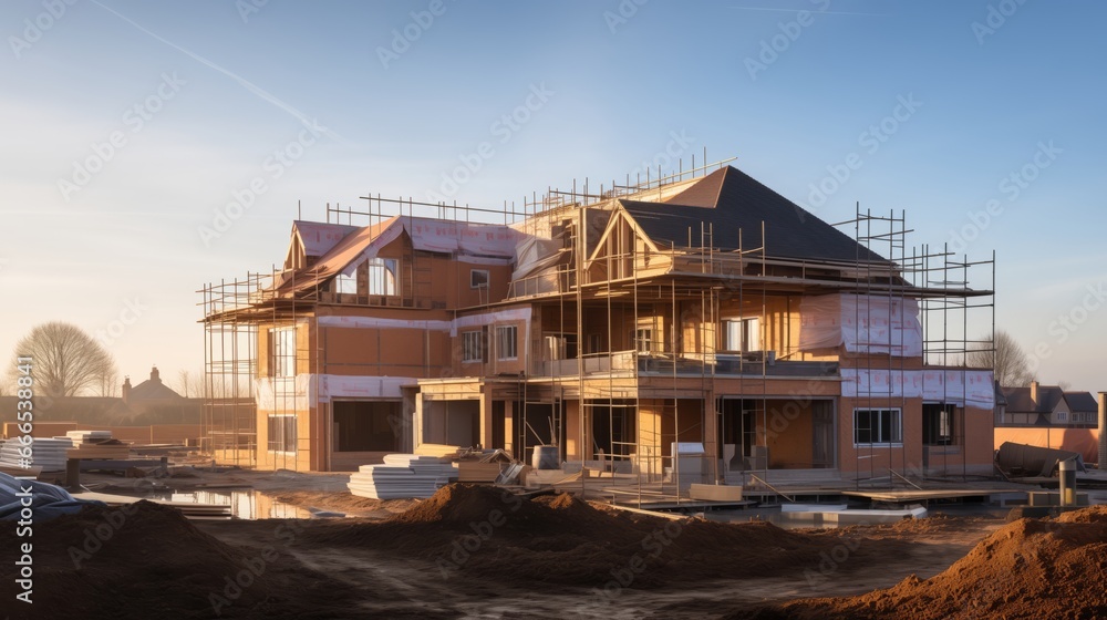 Construction of a residential new house is in progress at building site Construction of a residential new house is in progress at building site