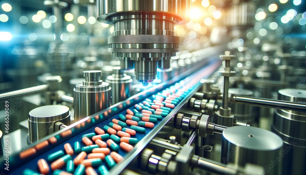 Cutting-edge pharmaceutical factory with vibrant pills moving on a conveyor under a modern robotic tool, illustrating innovation in medicine manufacturing - obrazy, fototapety, plakaty 