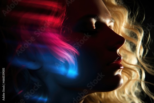 Dramatic close-up portrait of a woman with wavy artistic light and shadow casting on the skin. Neon wavy red and blue background lighting.