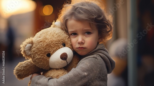 Little lonely boy hugging teddy bear, family problems. Sad child