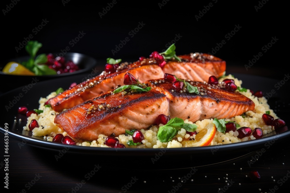 grilled salmon with couscous and pomegranate seeds, Grilled salmon with couscous and cranberry on black background, AI Generated