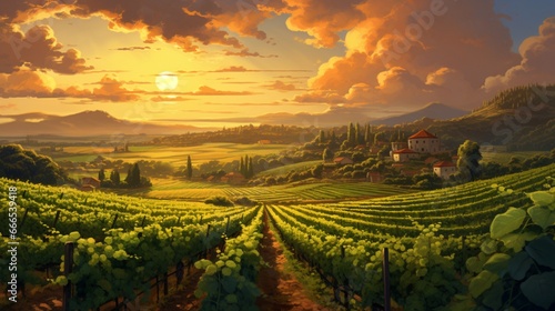 a lush, emerald-green vineyard, rows of grapevines extending to the horizon, bathed in the soft glow of the setting sun