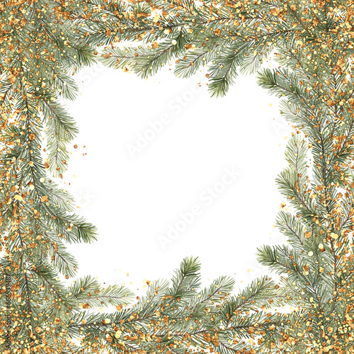 Christmas frame with fir branches and gold glitter. Winter holiday illustration.