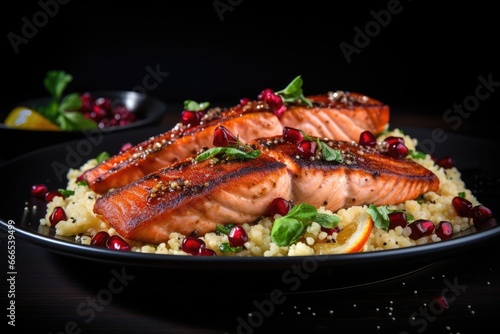 grilled salmon with couscous and pomegranate seeds, Grilled salmon with couscous and cranberry on black background, AI Generated