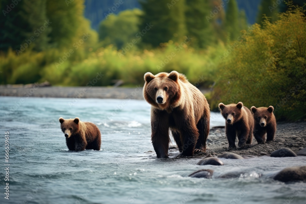 She-Bear and Cubs of Kamchatka Ursus arctos beringianus, Grizzly bears on the river. Kamchatka, AI Generated She-Bear and Cubs of Kamchatka Ursus arctos beringianus, Grizzly bears on the river. Kamchatka, AI Generated