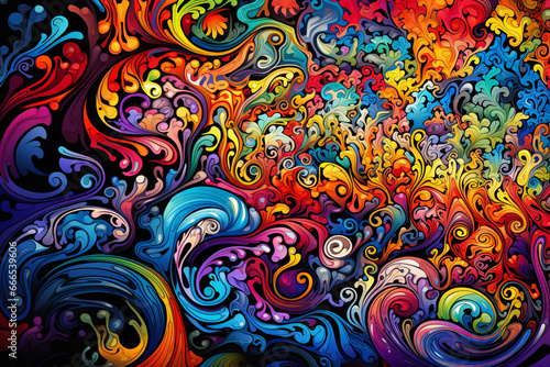 a psychedelic style, with swirling, kaleidoscopic colors.