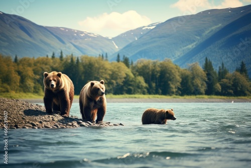 Ruling the landscape, brown bears of Kamchatka Ursus arctos beringianus, Grizzly bears on the river. Kamchatka, AI Generated photo