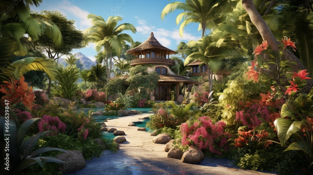 A lush, tropical oasis with towering palm trees and exotic foliage, transporting you to a distant, paradisiacal retreat