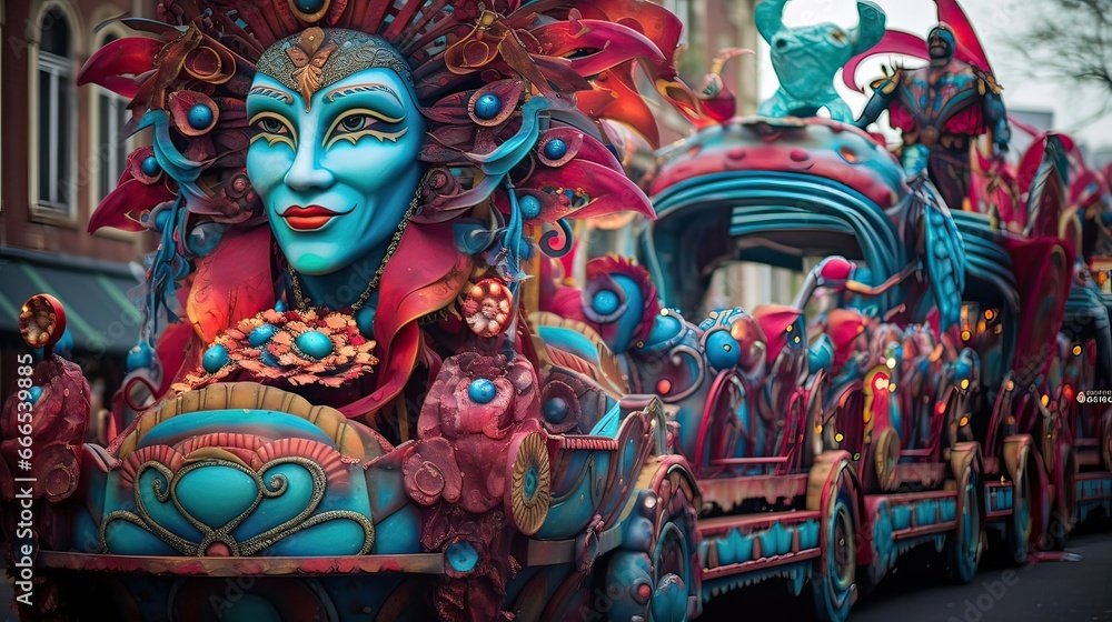 Festive parades featuring colorful floats and music are a jubilant expression of community spirit. Community jubilation, rhythmic processions, dazzling floats, musical merriment. Generated by AI.